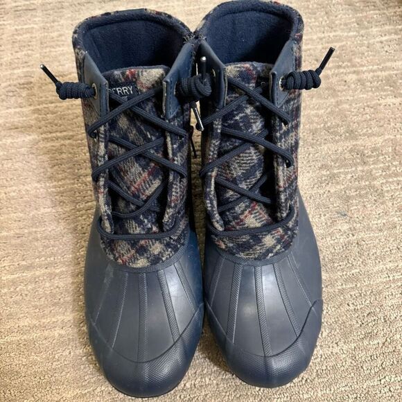 Sperry Navy Blue Saltwater Wool Plaid Duck Winter Boots Waterproof Snow Size 8 - Picture 2 of 8